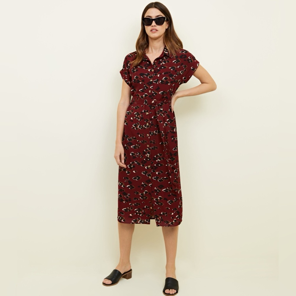 ASOS | New Look Maroon Leopard Print Midi Shirt Dress